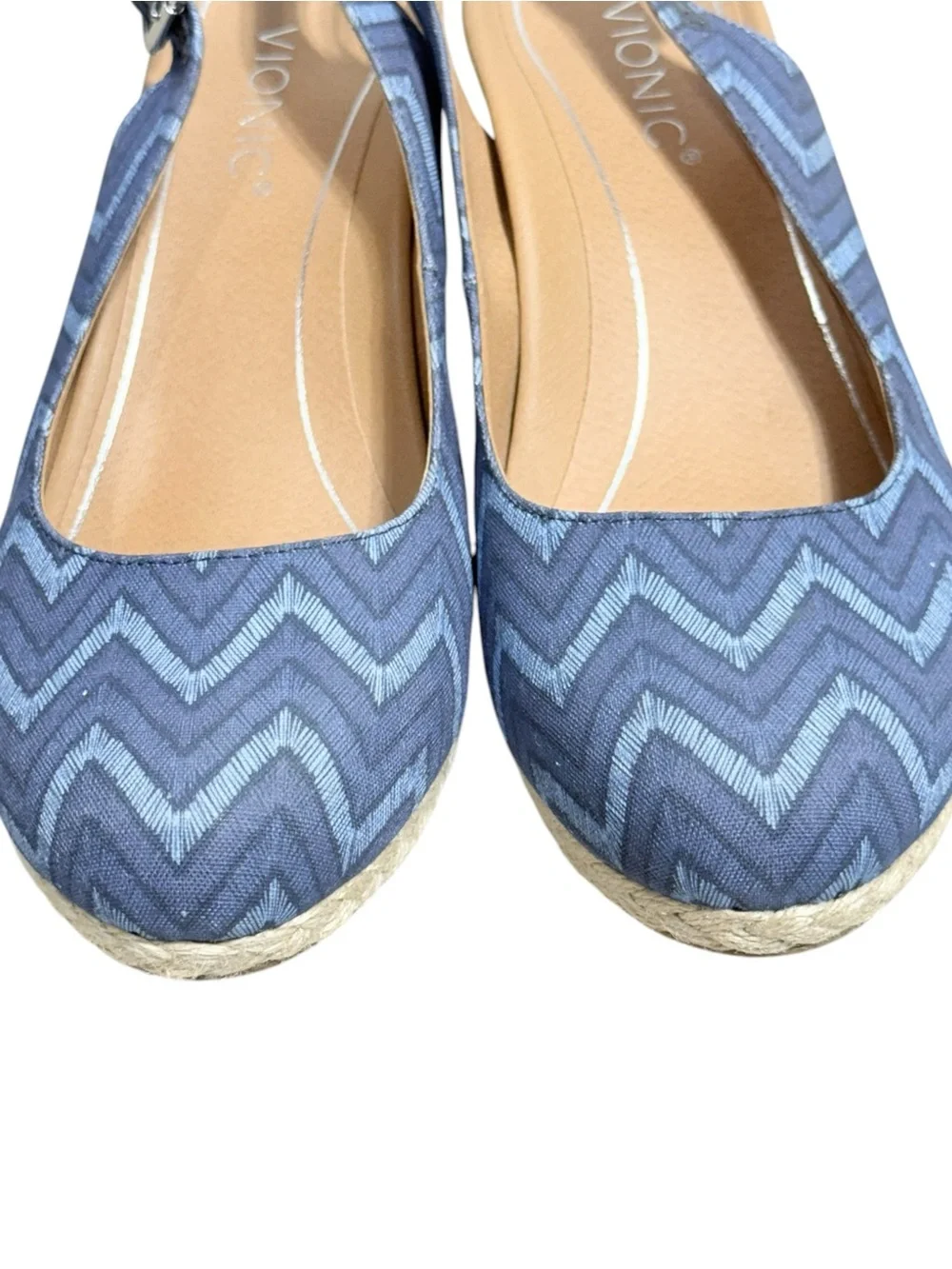 Vionic Coralina Slingback Espadrille Wedge Shoes Navy Blue Chevron Women Size 10